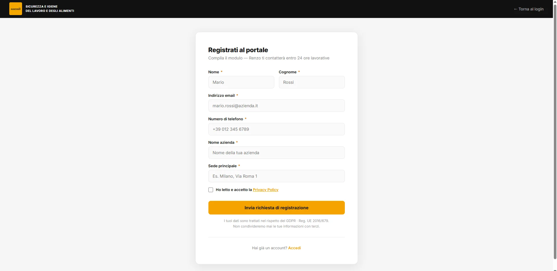 Socosil — Registrazione cliente